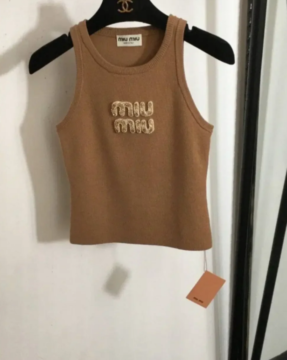 Miu Miu Camel Knit Tank with Beaded Logo - Picture 3 of 3